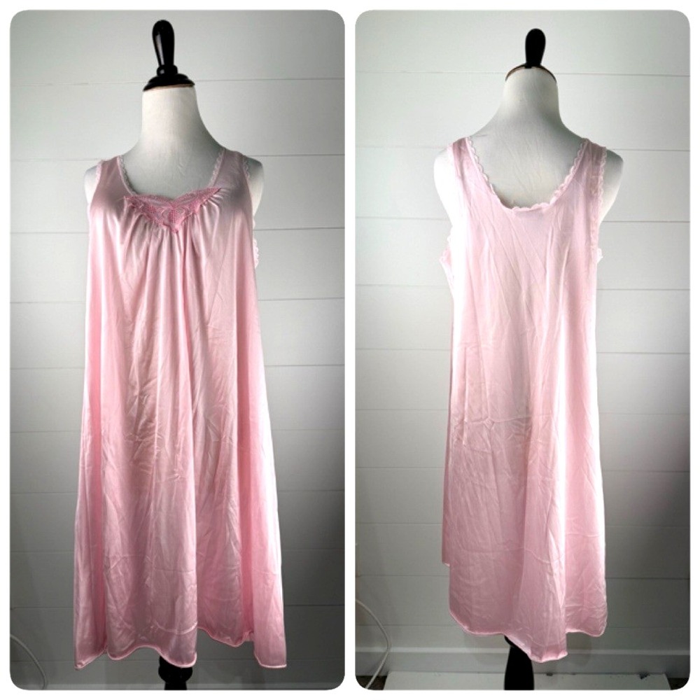 Vintage Vassarette Nylon Slip Nightgown Women M Pink Lace Lingerie Nightie Gown